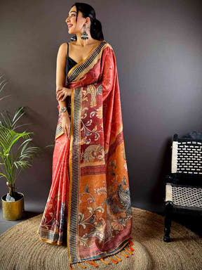 Rose Red Floral Chanderi Saree