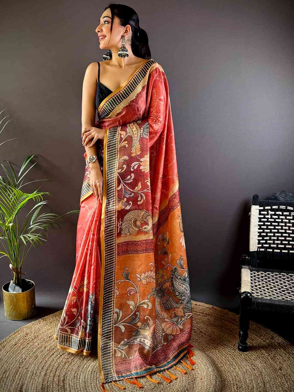 Rose Red Floral Chanderi Saree