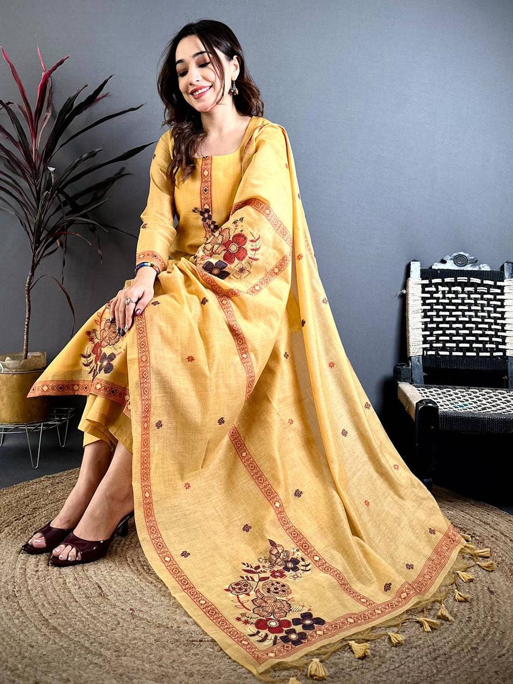 Classic Mustard Mul Cotton Floral Dress