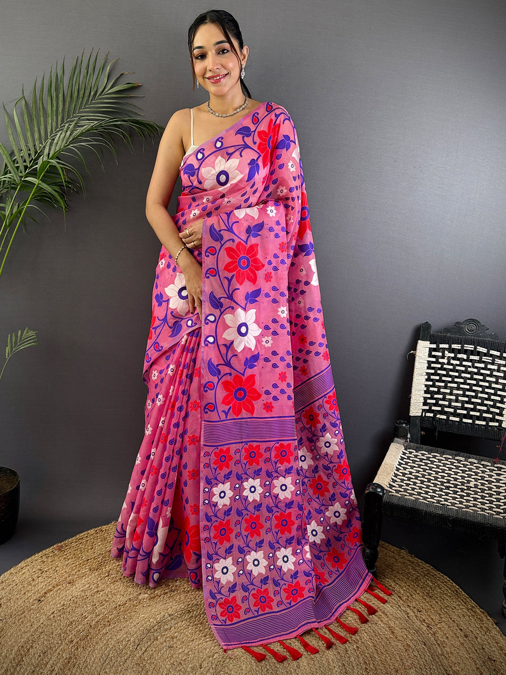 Rose Pink Dhakai Jamdani Cotton Silk Saree