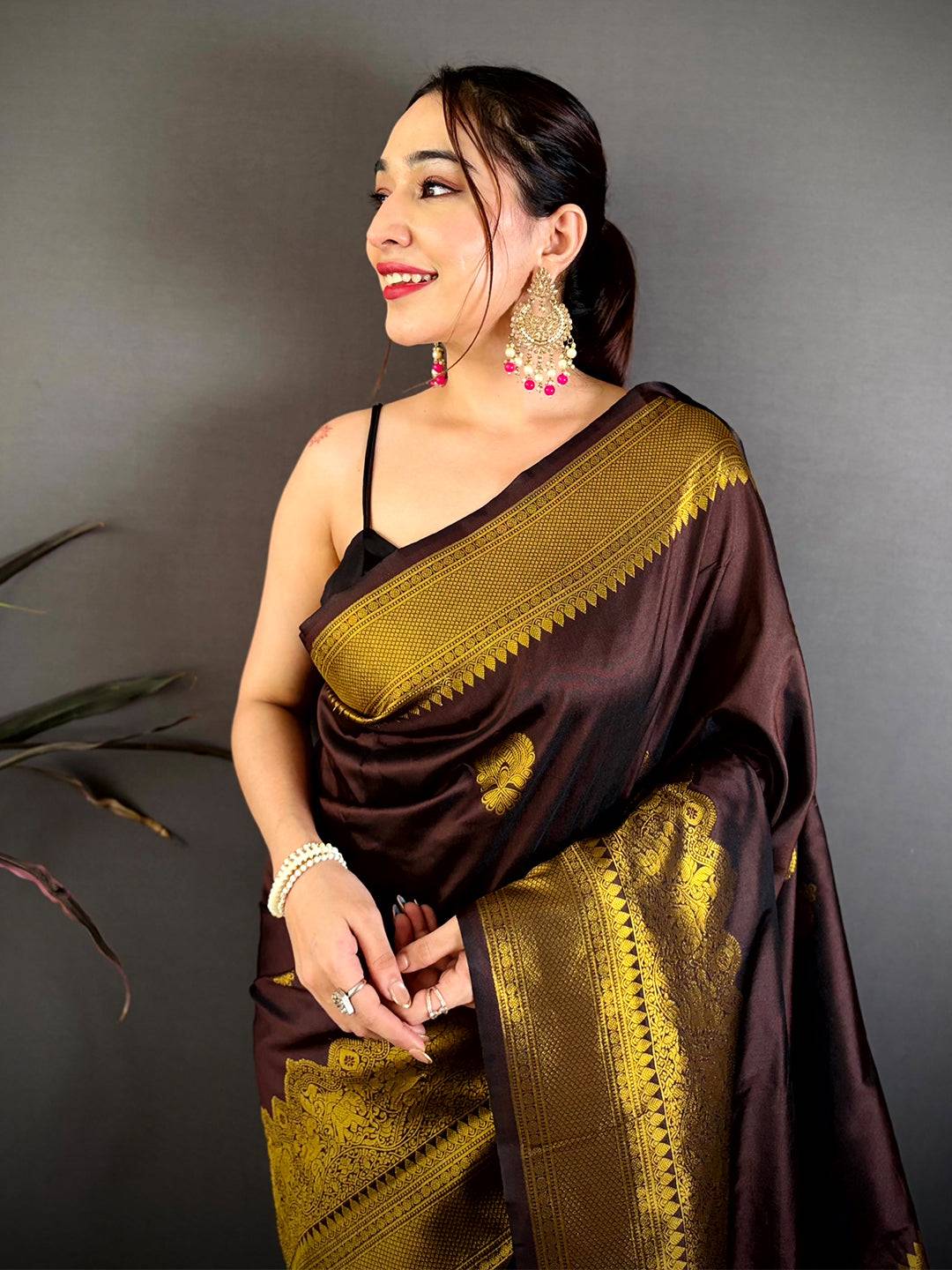 Chocolate Brown Soft Silk Ethnic Motif Saree