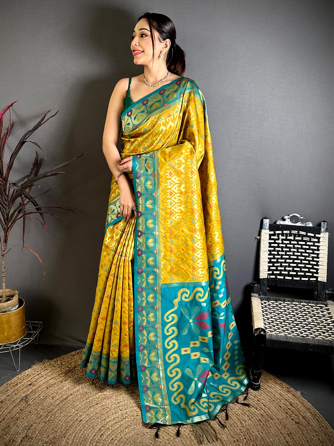 Opulent Gold Ikkat Soft Silk Saree With Maggam Blouse
