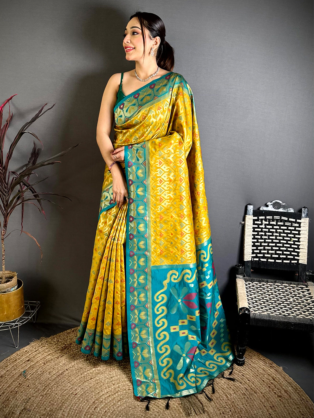 Opulent Gold Ikkat Soft Silk Saree With Maggam Blouse