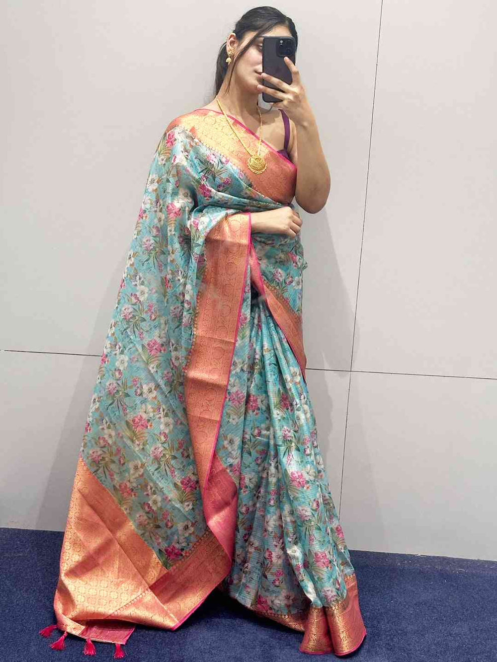 Turquoise Kota silk saree with digital floral pattern