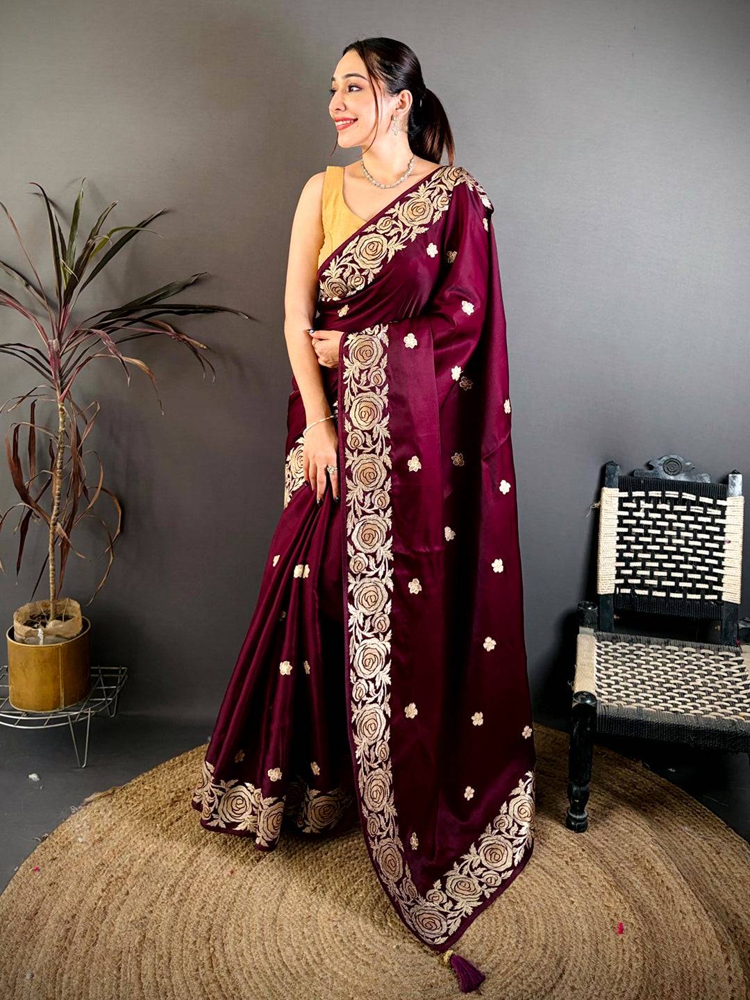 Wine Aari Jhalar Tussar Satin Saree