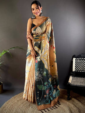 Peach Semi Gold Zari Botanical Tussar Saree
