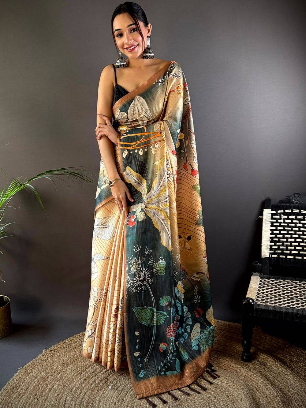Peach Semi Gold Zari Botanical Tussar Saree