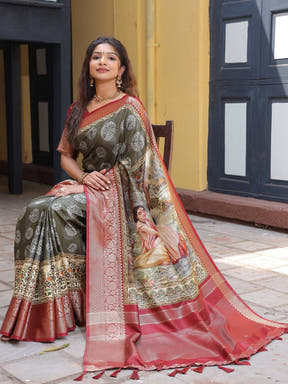 Olive Viscose Dola Silk Saree With Kalamkari & Mughal Print