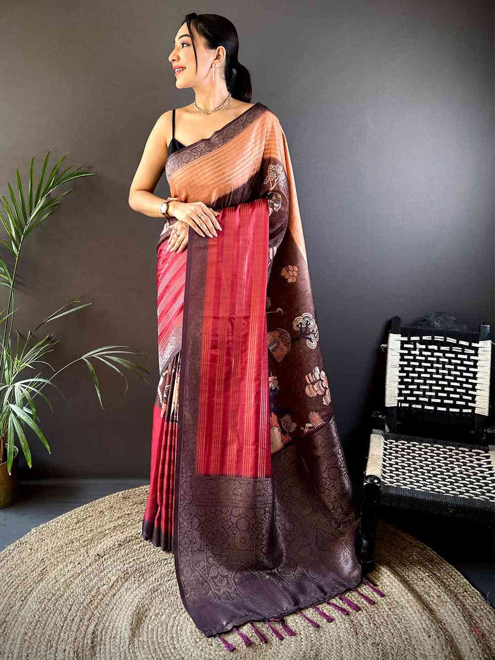 Deep Red Soft Crepe Silk Digital Ombre Saree
