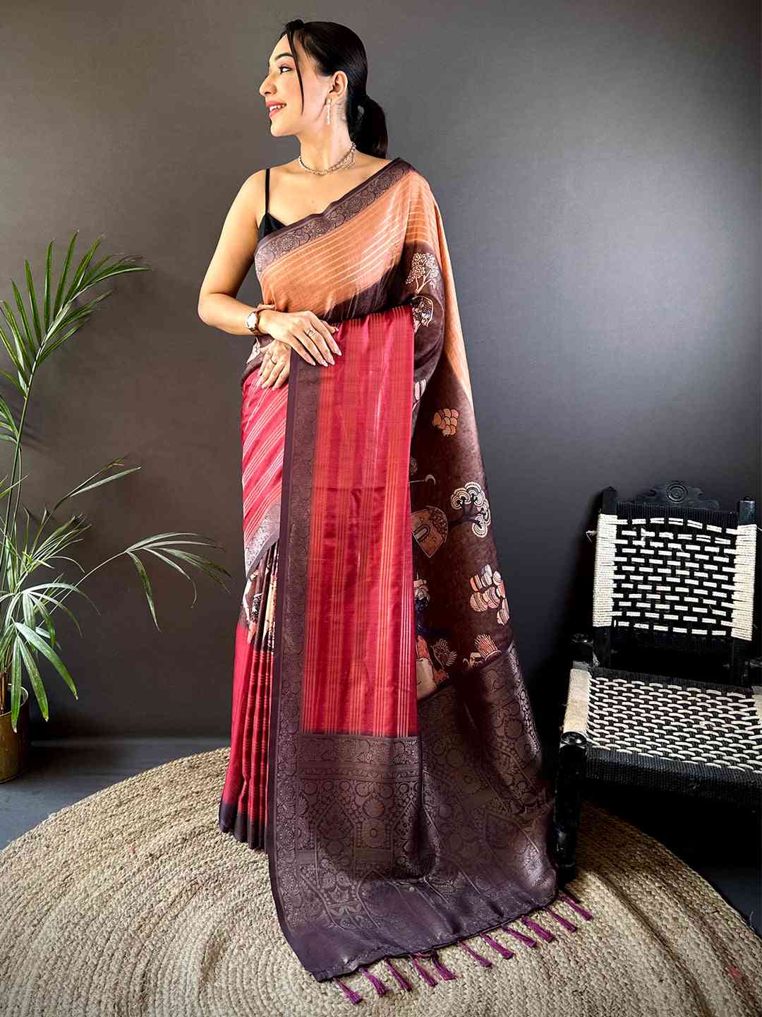 Deep Red Soft Crepe Silk Digital Ombre Saree