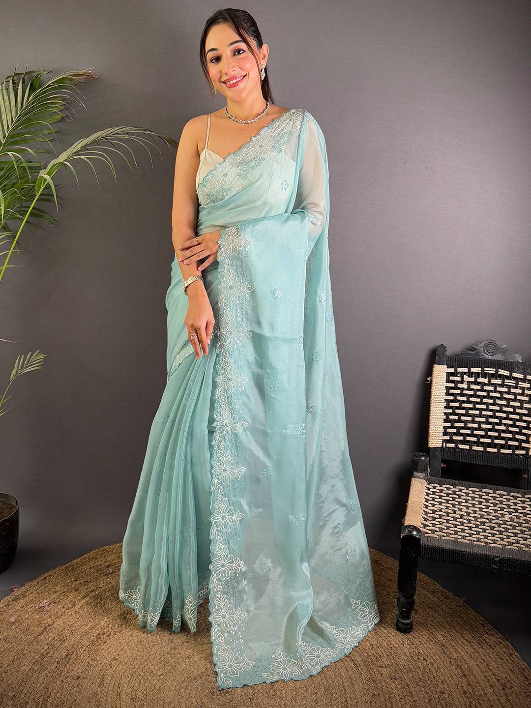 Sky Blue Art Silk Sith Embroidery Work Saree