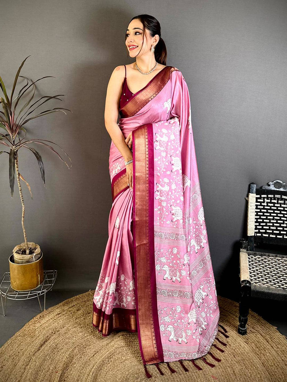 Pink Soft Dola Block Kalamkari Zari Saree