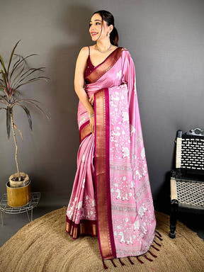 Pink Soft Dola Block Kalamkari Zari Saree