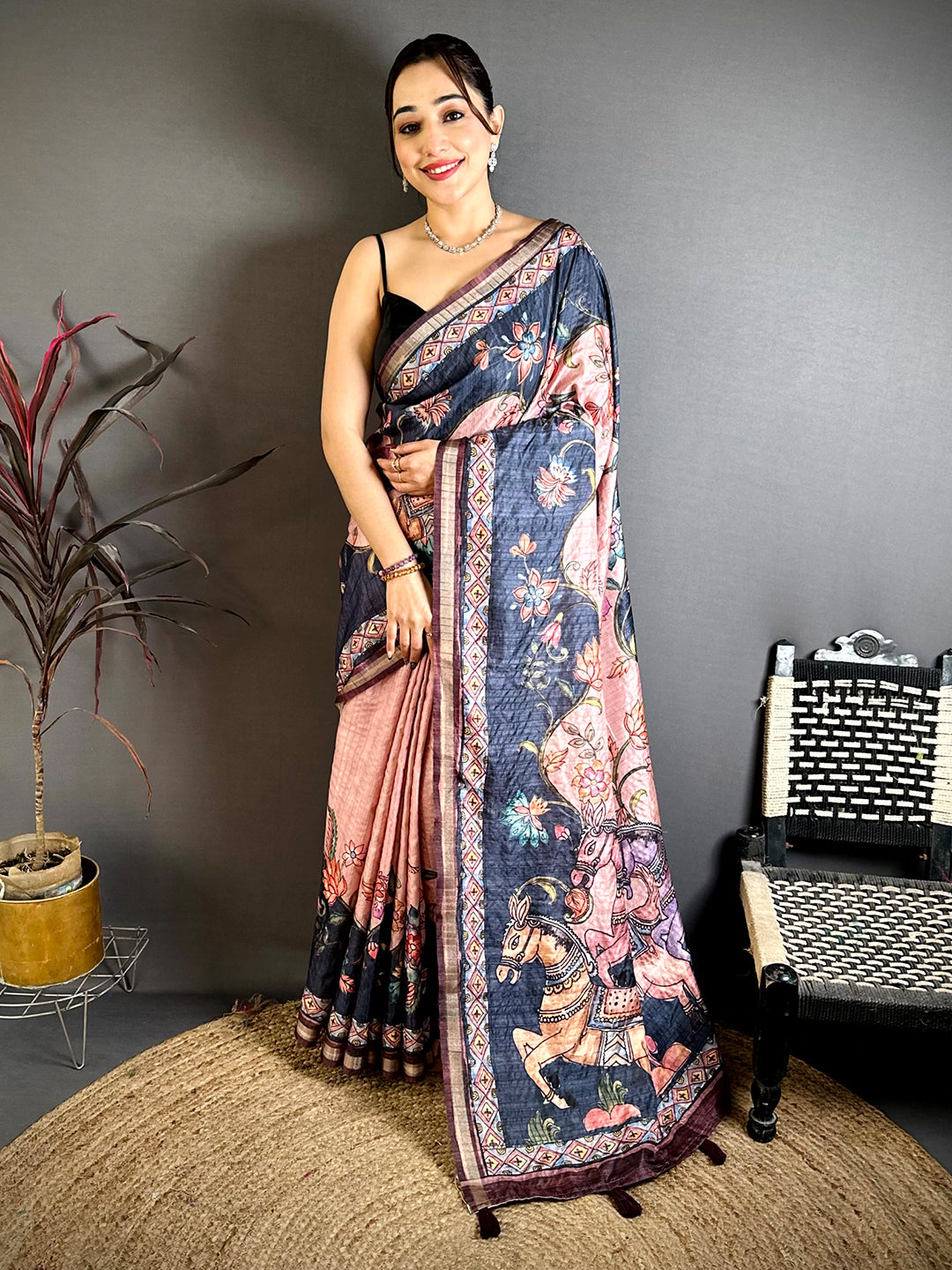 Graceful Tussar Ghicha Kalamkari Saree