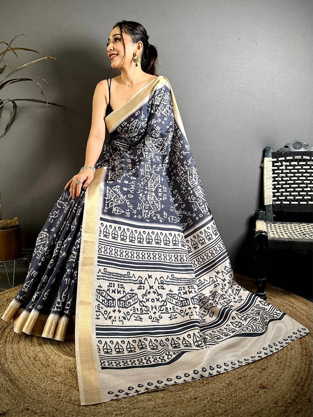 Black Tussar Graphic Digital Print Zari Saree