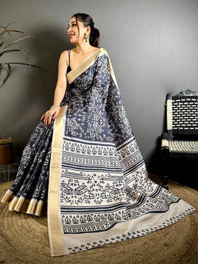 Black Tussar Graphic Digital Print Zari Saree