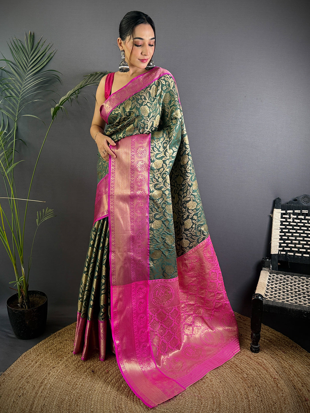 Green Floral Zari Banarasi Kanjivaram Silk Saree

