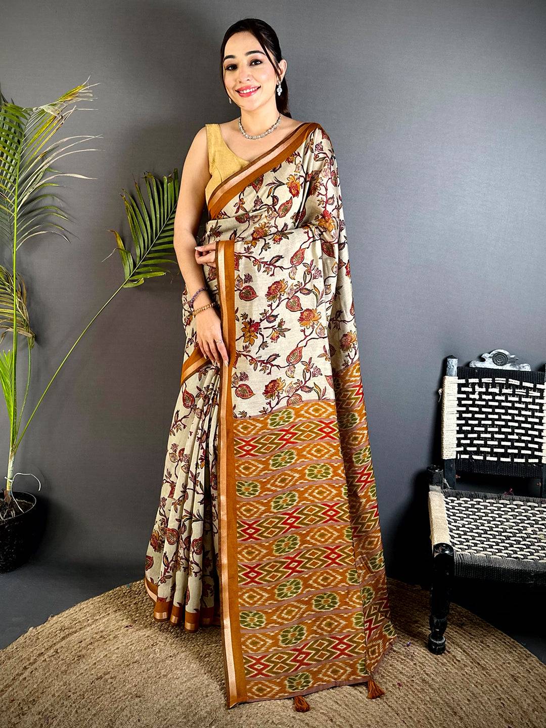 Yellow  Floral Phulkari Mul Cotton Saree