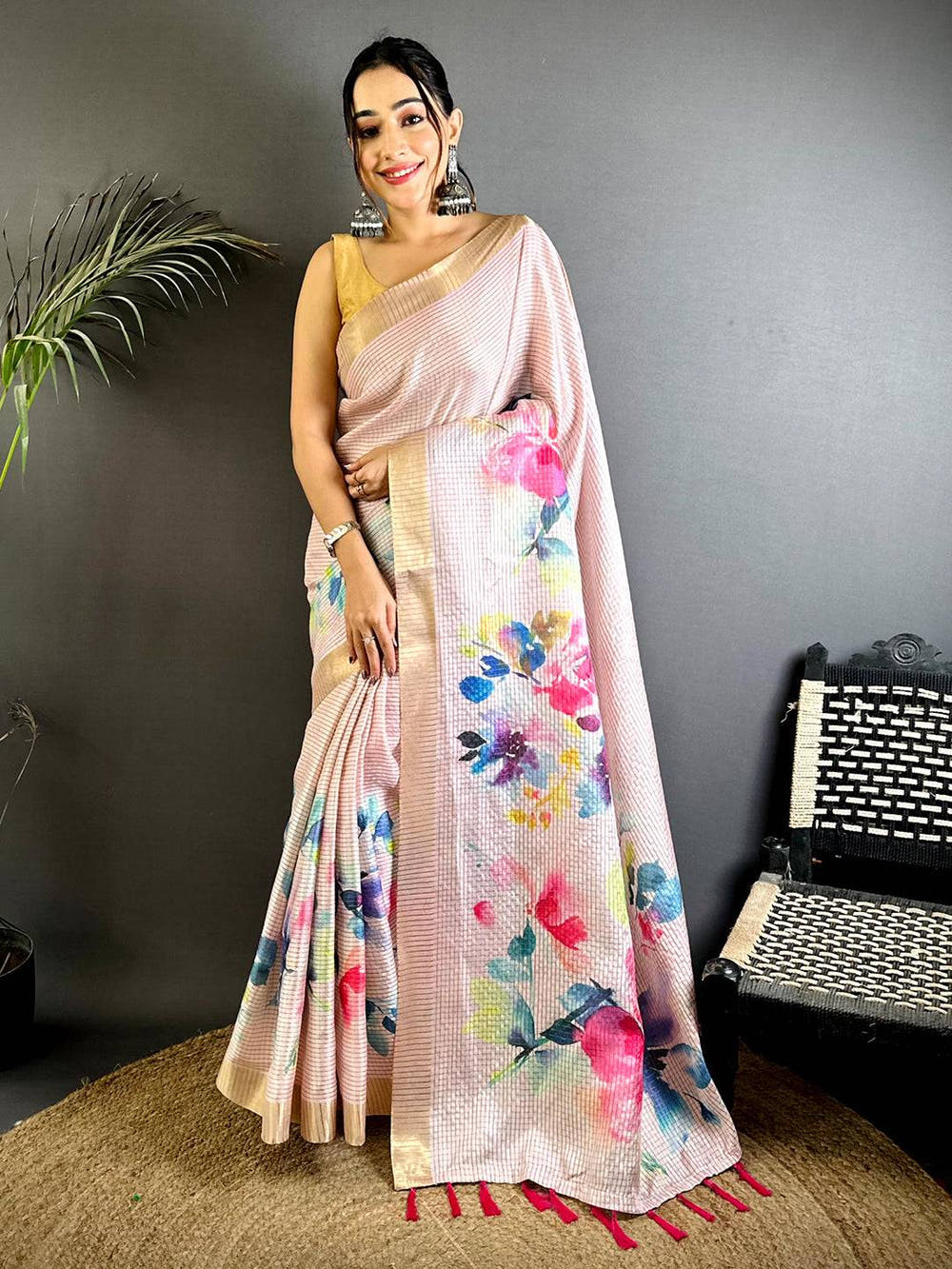 Pink Bloom Tussar Black Chex Saree