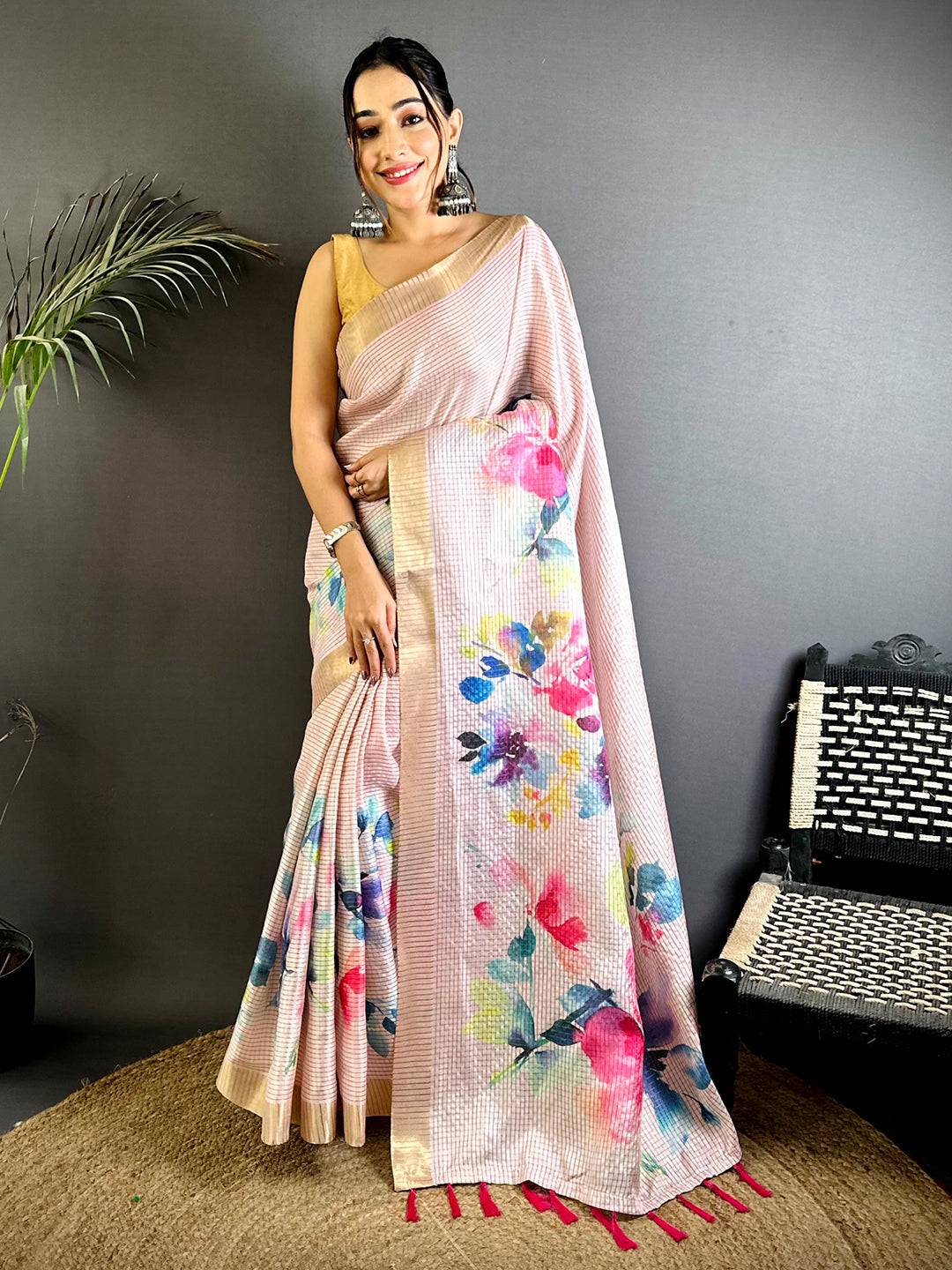 Pink Bloom Tussar Black Chex Saree