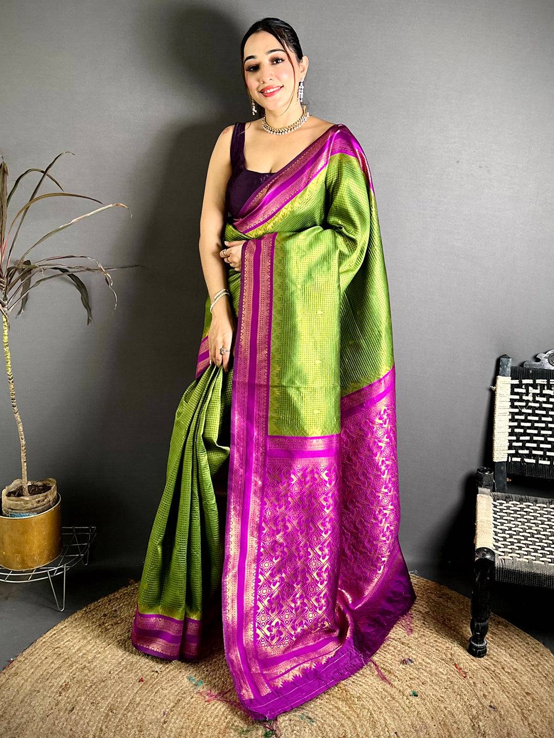 Lime Green Banarasi Katan Silk Gadwal Zari Saree