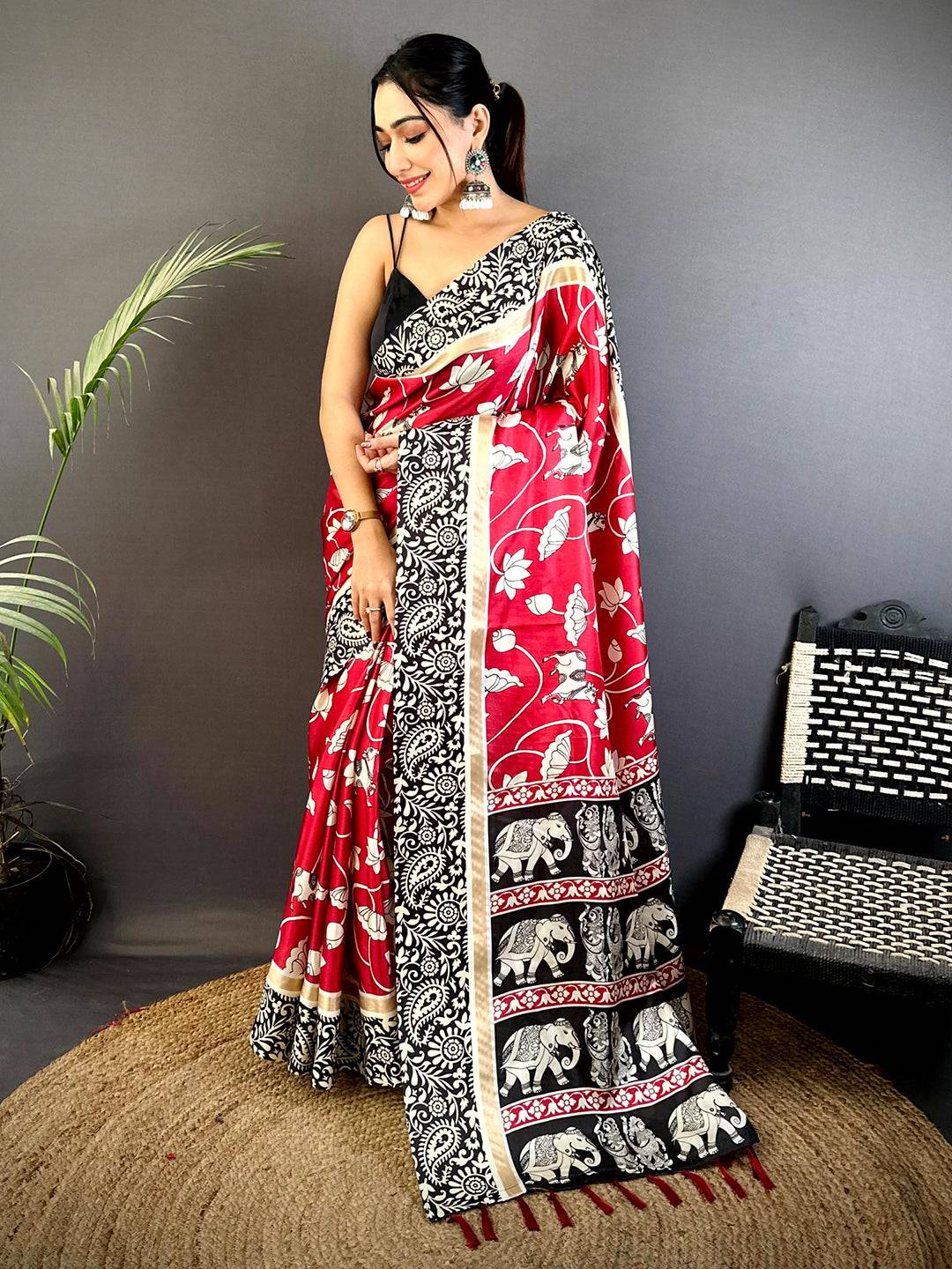 Red Soft Chanderi Contrast Border Saree