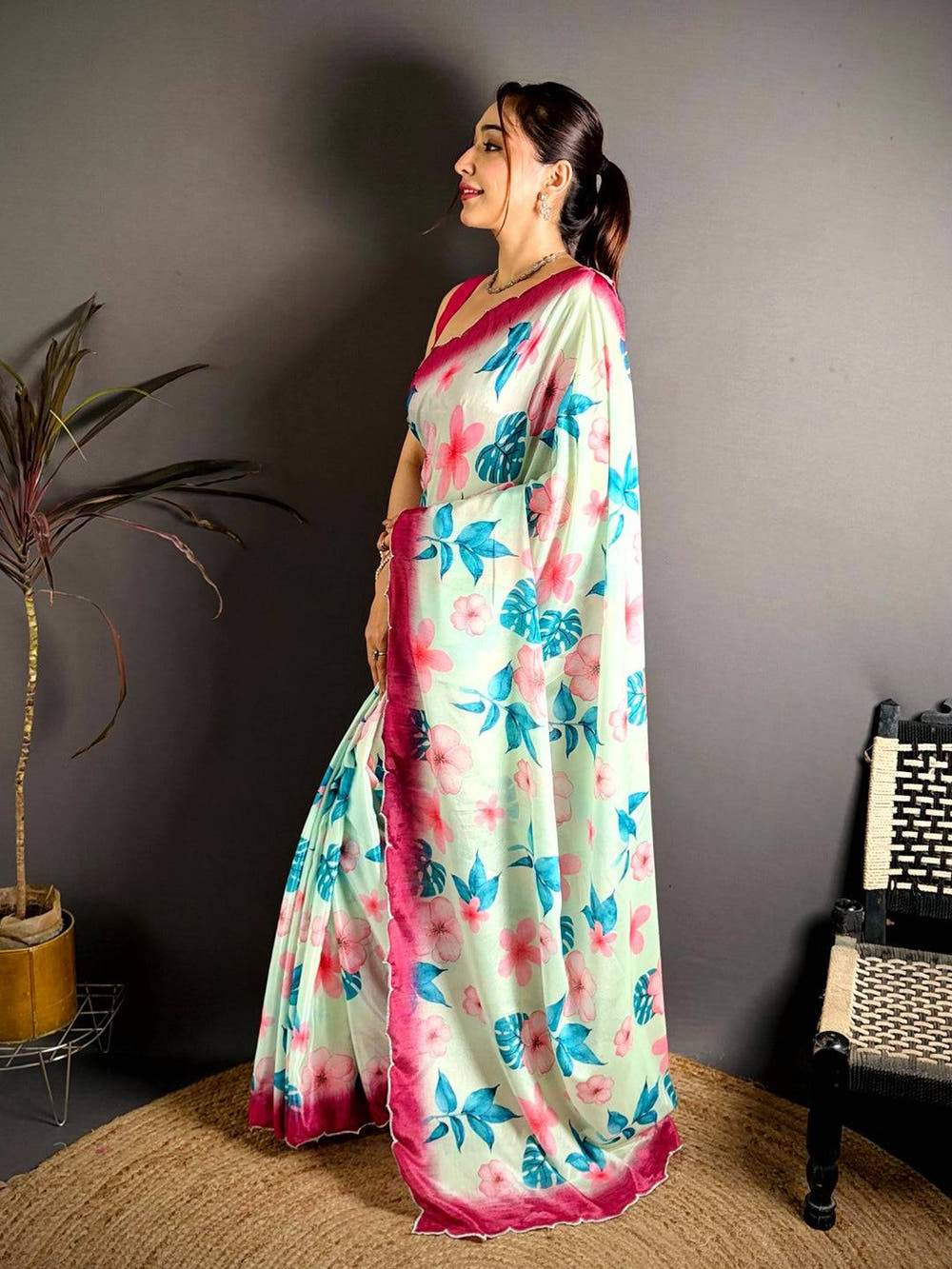 Mint Green Chinnon Embroidered Border Saree

