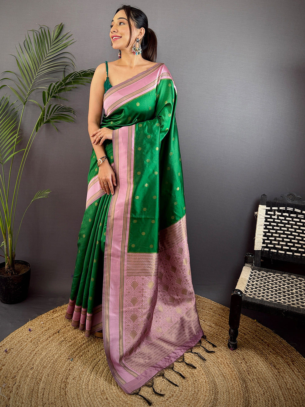 Green Silk Blend Floral Saree