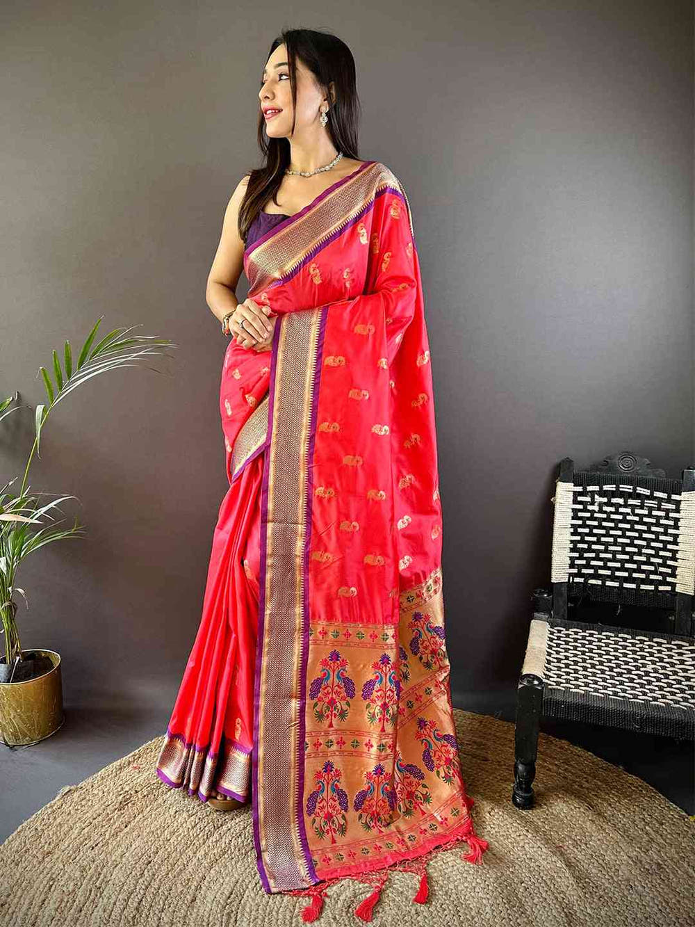 Traditonal Gajri Colour Yevla Paithani Minakari Work Silk Saree