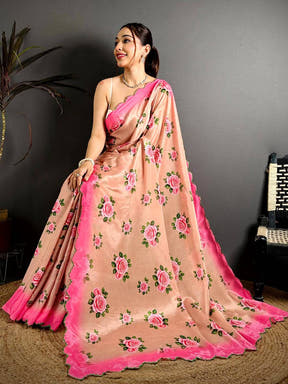 Peach Chinnon Embroidered Border Saree