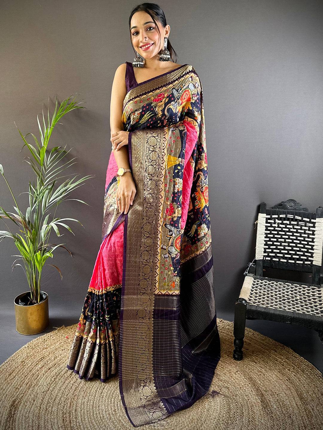 Artful Kalamkari Viscose Dola Silk Saree