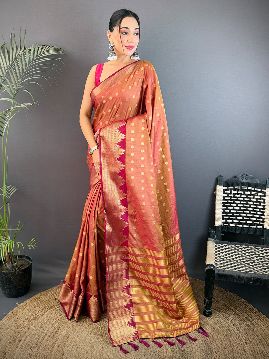 Brown Hand Dyed Raw Silk Saree