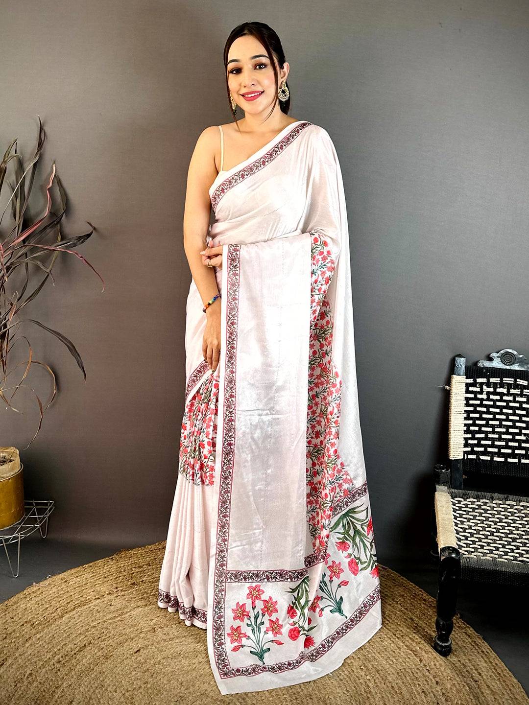 Elegant White Floral Soft Chiffon Saree
