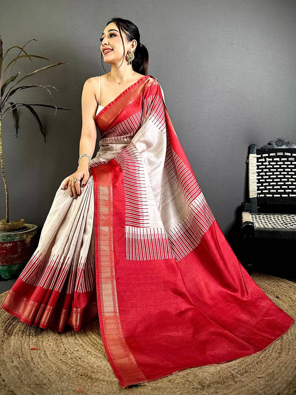 Elegant Tussar Ghicha Ikkat Gold Zari Saree