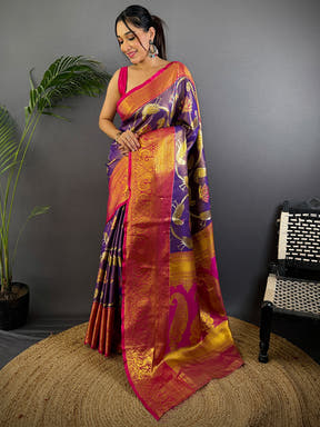 Purple Dharmavaram Gold Birds Print Saree