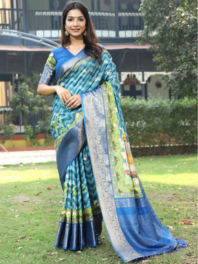  Blue Viscose Dola Silk Saree With Pichwai Kalamkari Print
