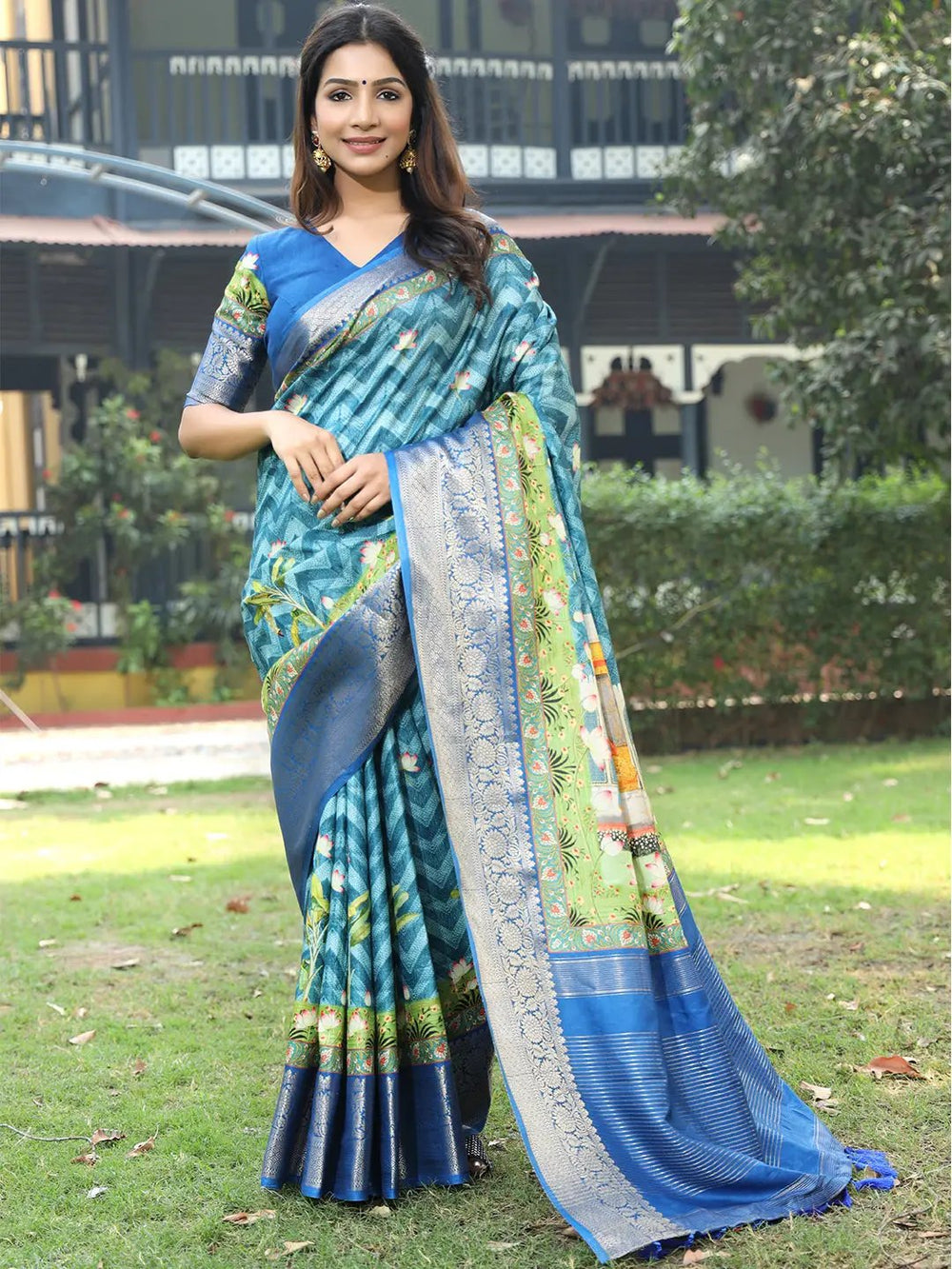  Blue Viscose Dola Silk Saree With Pichwai Kalamkari Print