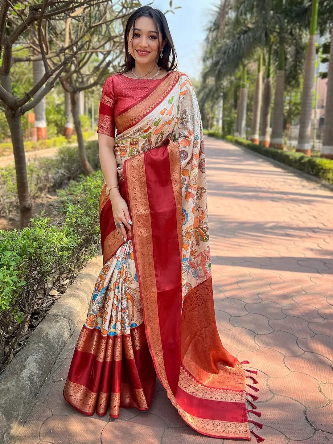 Maroon Banarasi silk saree with intricate double border design