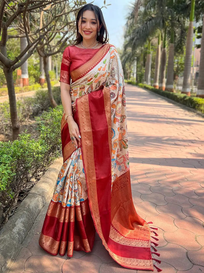 Maroon Banarasi silk saree with intricate double border design