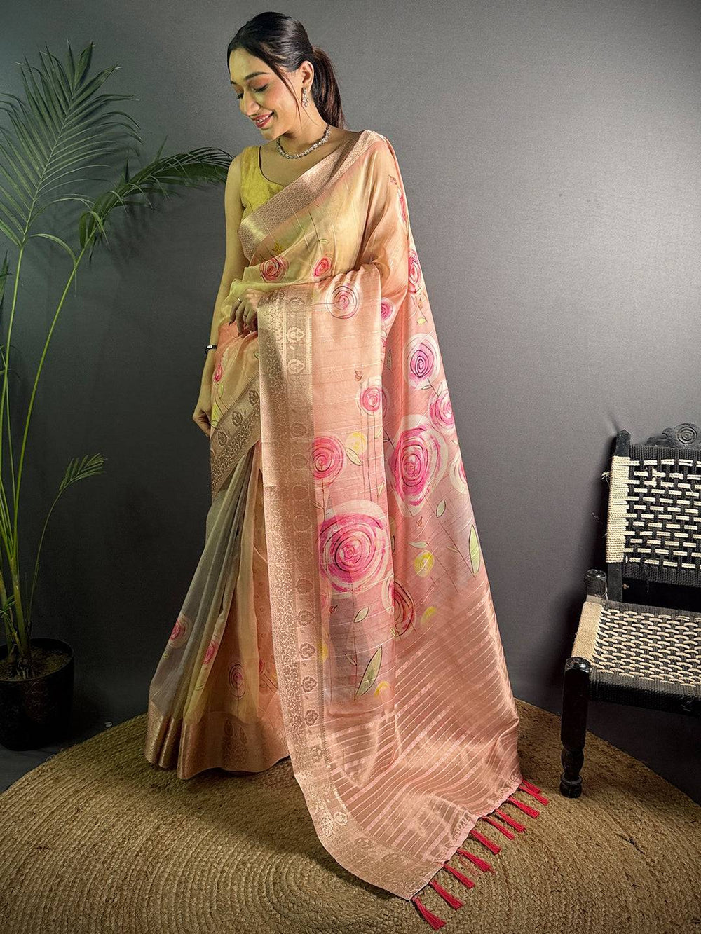 Light Pink Soft Organza Silk Floral Saree