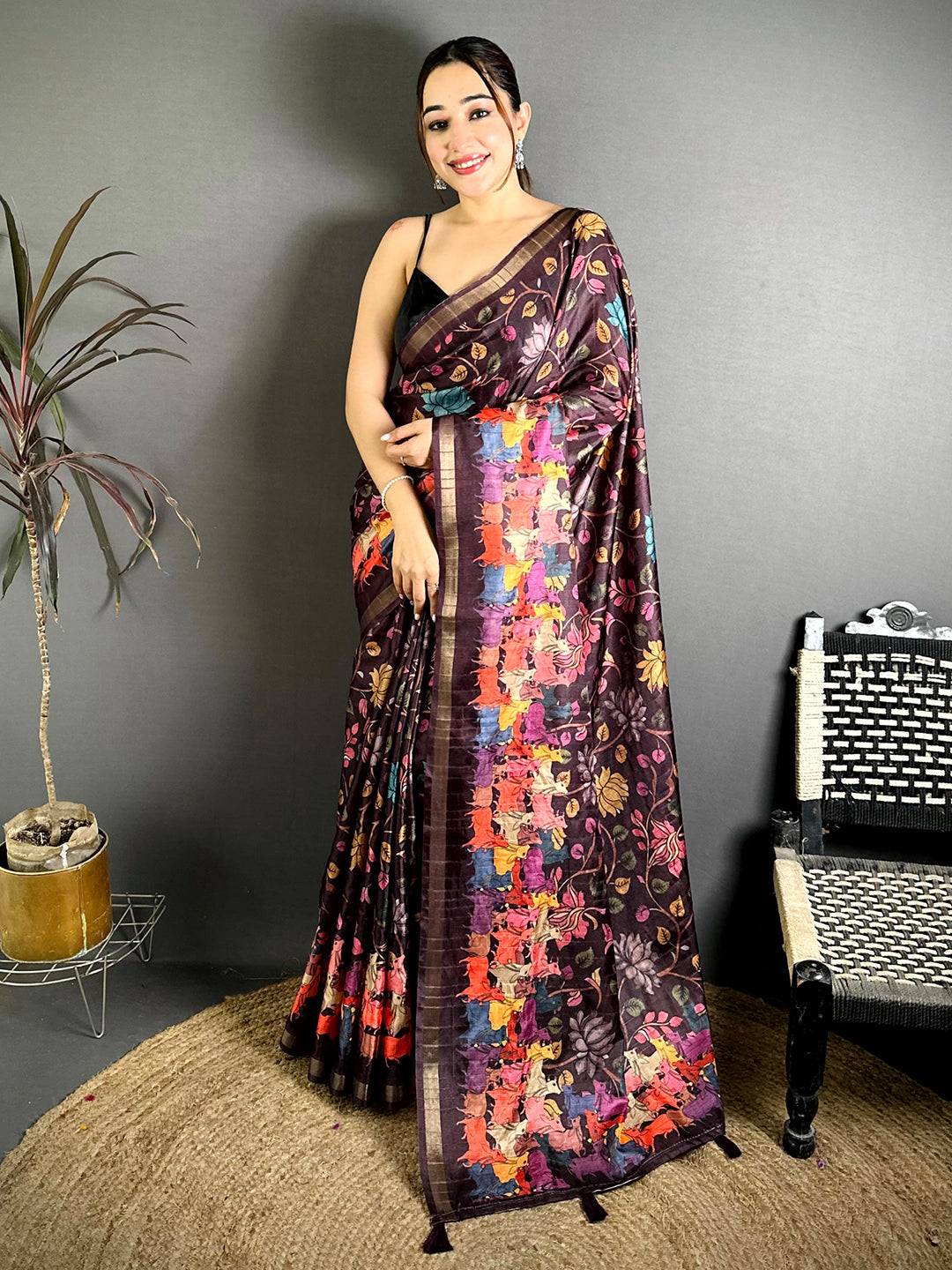 Radiance Ghicha Tussar Pen Kalamkari Saree