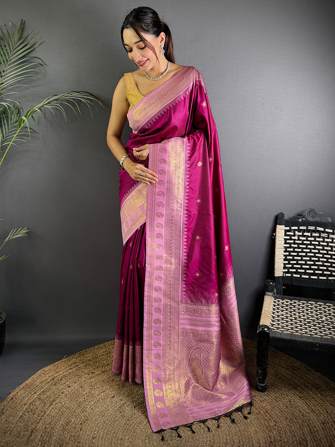 Wine Soft Silk Gadwal Border Saree