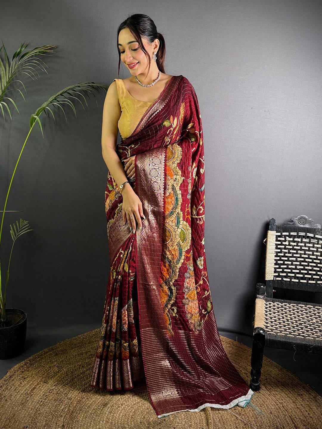 Deep Maroon Pure Viscose Kalalmkari Print Saree

