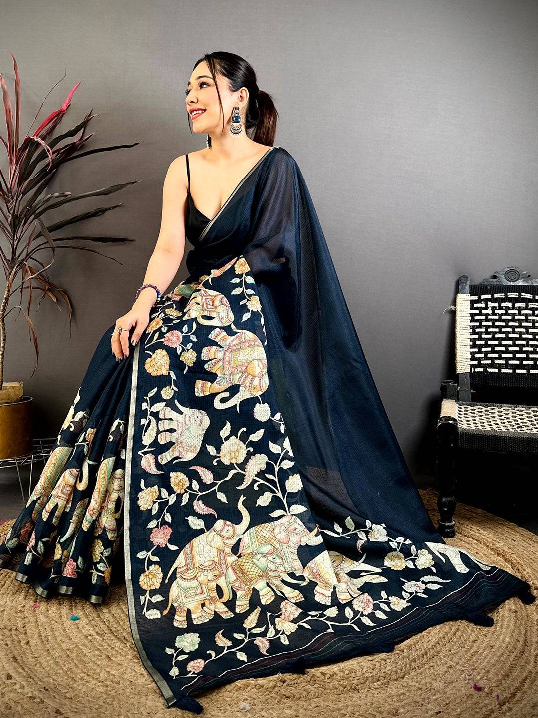 Regal Elephant Kalamkari Kota Saree
