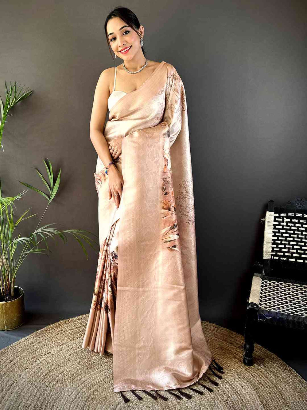 Beige Kanjivaram Digital Silk Saree