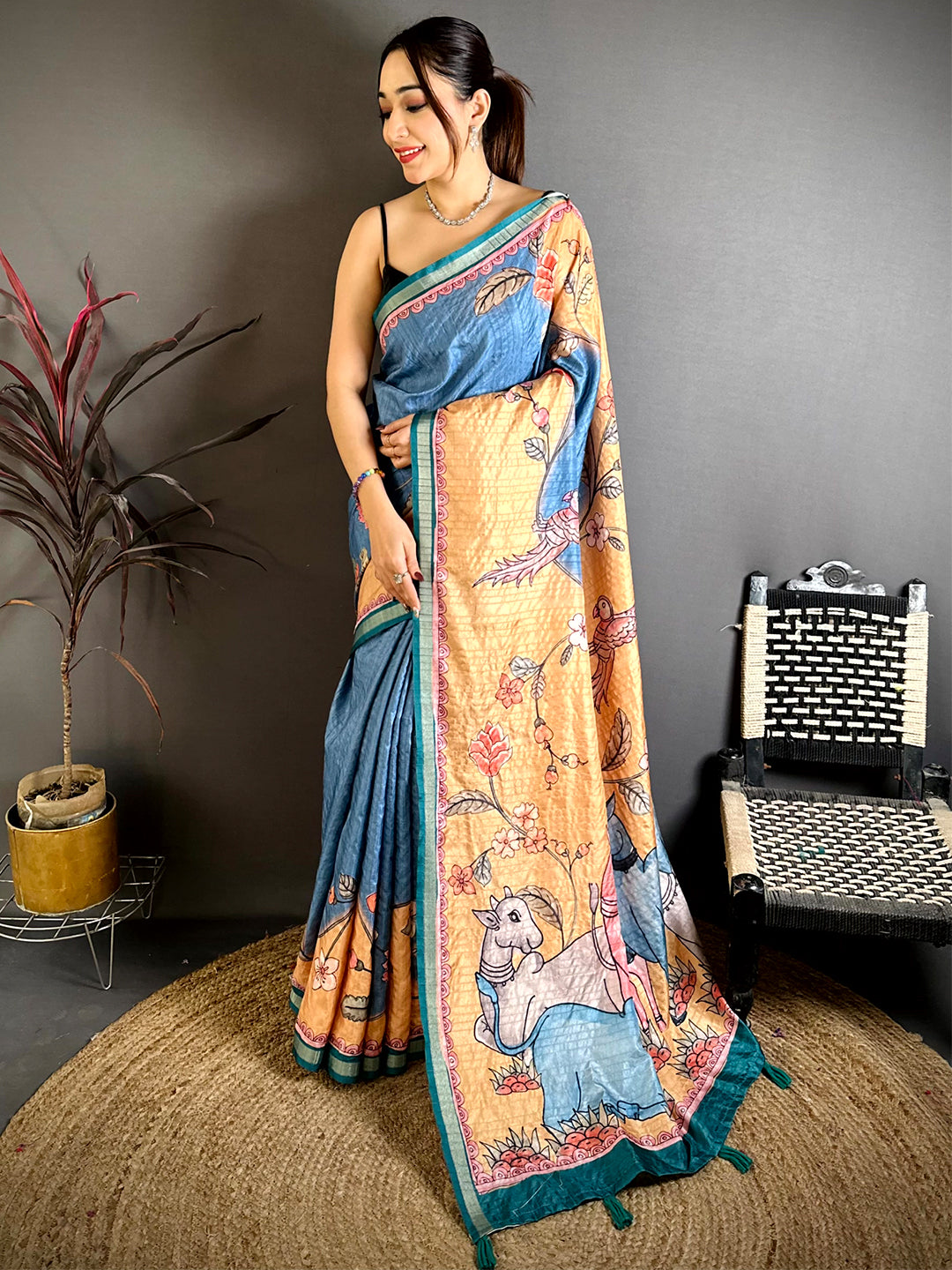 Vibrant Tussar Ghicha Digital Art Saree