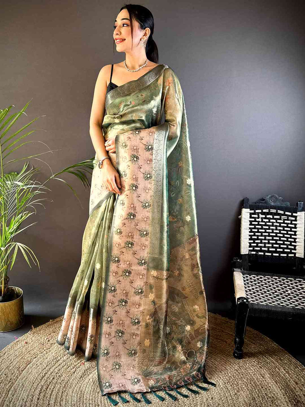Green Floral Satin Bentex Border Saree