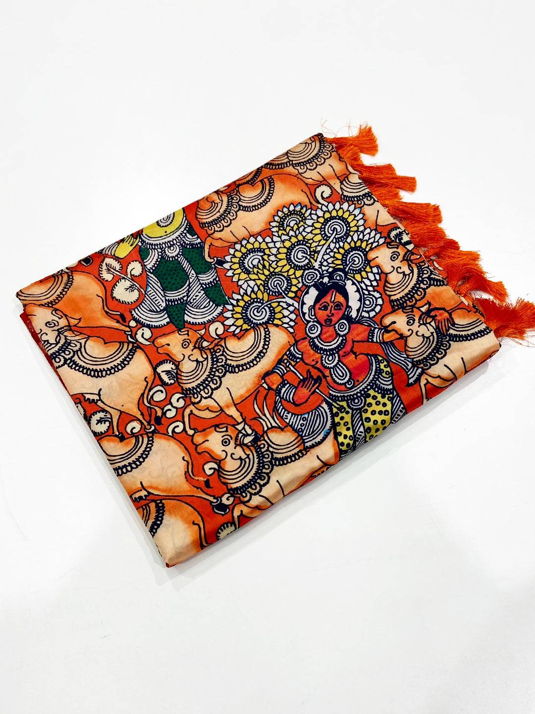 Orange Kalamkari Printed Banarasi Saree
