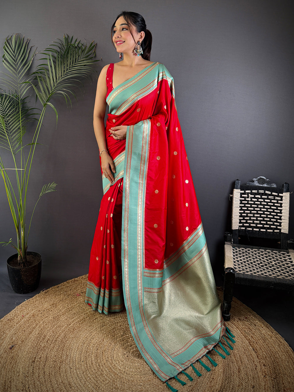 Royal Red Soft Silk Floral Butta Saree