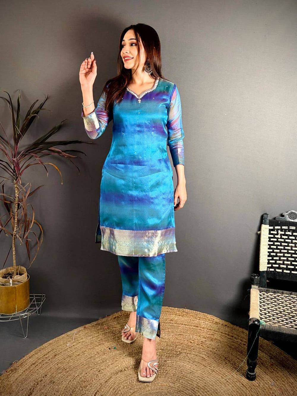 Classic Tissue Silk Paan Neck Kurti